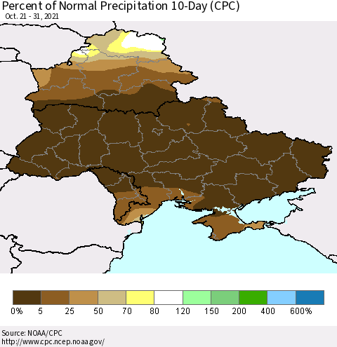 Ukraine, Moldova and Belarus Percent of Normal Precipitation 10-Day (CPC) Thematic Map For 10/21/2021 - 10/31/2021