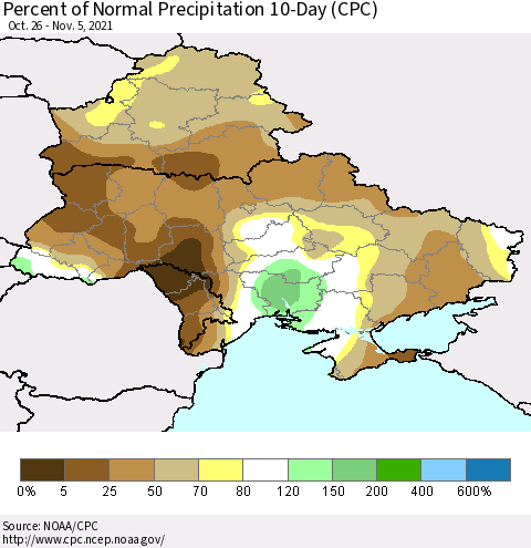 Ukraine, Moldova and Belarus Percent of Normal Precipitation 10-Day (CPC) Thematic Map For 10/26/2021 - 11/5/2021