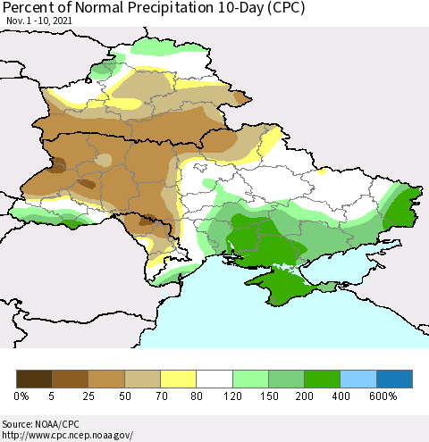 Ukraine, Moldova and Belarus Percent of Normal Precipitation 10-Day (CPC) Thematic Map For 11/1/2021 - 11/10/2021
