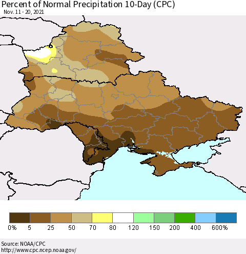 Ukraine, Moldova and Belarus Percent of Normal Precipitation 10-Day (CPC) Thematic Map For 11/11/2021 - 11/20/2021