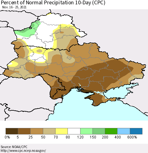 Ukraine, Moldova and Belarus Percent of Normal Precipitation 10-Day (CPC) Thematic Map For 11/16/2021 - 11/25/2021