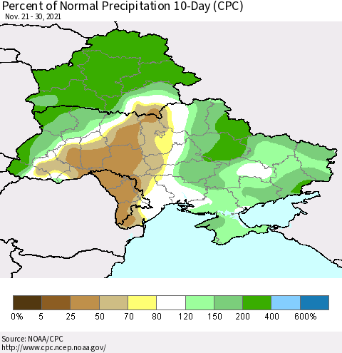 Ukraine, Moldova and Belarus Percent of Normal Precipitation 10-Day (CPC) Thematic Map For 11/21/2021 - 11/30/2021