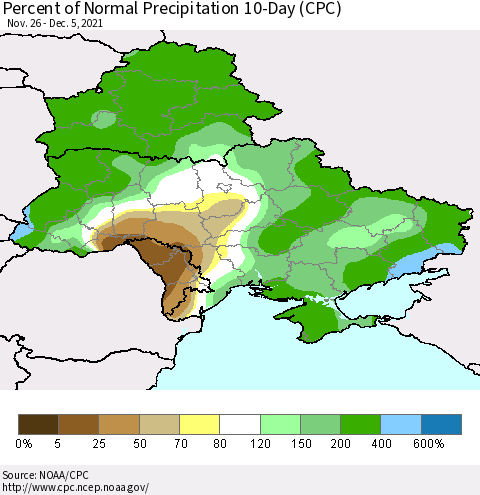 Ukraine, Moldova and Belarus Percent of Normal Precipitation 10-Day (CPC) Thematic Map For 11/26/2021 - 12/5/2021