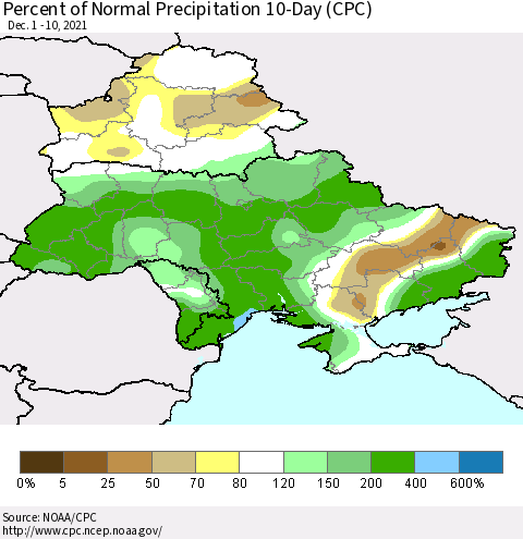 Ukraine, Moldova and Belarus Percent of Normal Precipitation 10-Day (CPC) Thematic Map For 12/1/2021 - 12/10/2021