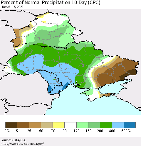 Ukraine, Moldova and Belarus Percent of Normal Precipitation 10-Day (CPC) Thematic Map For 12/6/2021 - 12/15/2021