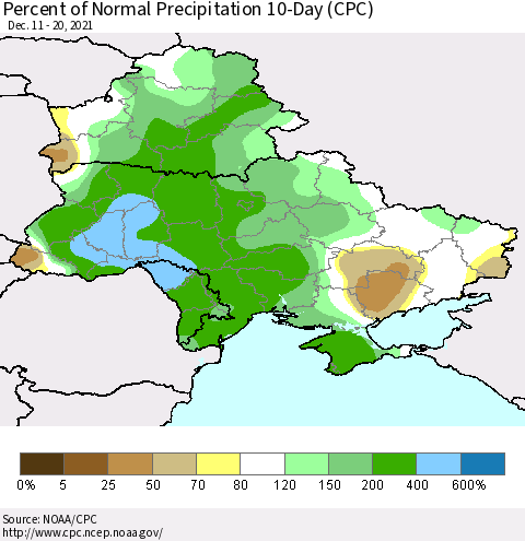 Ukraine, Moldova and Belarus Percent of Normal Precipitation 10-Day (CPC) Thematic Map For 12/11/2021 - 12/20/2021
