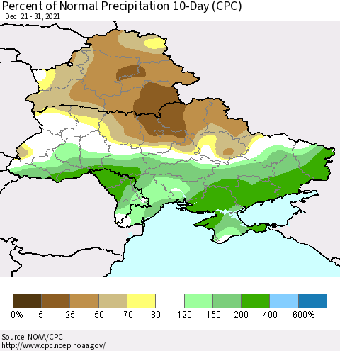 Ukraine, Moldova and Belarus Percent of Normal Precipitation 10-Day (CPC) Thematic Map For 12/21/2021 - 12/31/2021