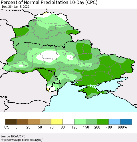 Ukraine, Moldova and Belarus Percent of Normal Precipitation 10-Day (CPC) Thematic Map For 12/26/2021 - 1/5/2022