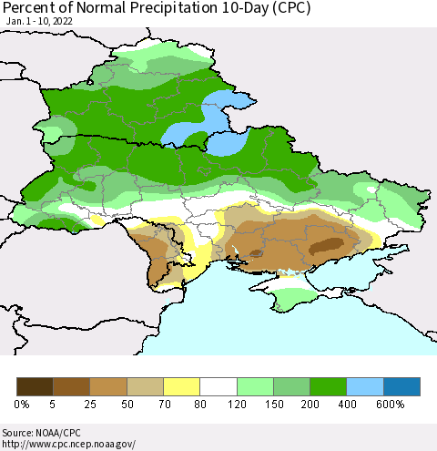Ukraine, Moldova and Belarus Percent of Normal Precipitation 10-Day (CPC) Thematic Map For 1/1/2022 - 1/10/2022