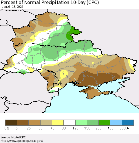 Ukraine, Moldova and Belarus Percent of Normal Precipitation 10-Day (CPC) Thematic Map For 1/6/2022 - 1/15/2022