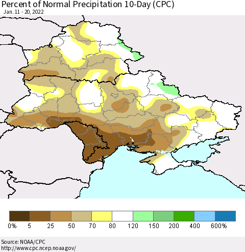 Ukraine, Moldova and Belarus Percent of Normal Precipitation 10-Day (CPC) Thematic Map For 1/11/2022 - 1/20/2022