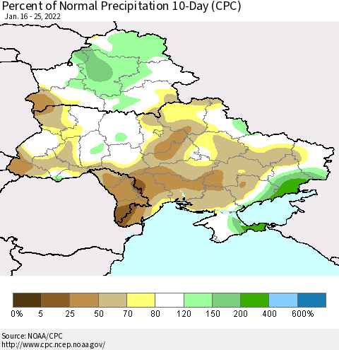 Ukraine, Moldova and Belarus Percent of Normal Precipitation 10-Day (CPC) Thematic Map For 1/16/2022 - 1/25/2022