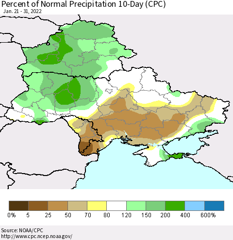 Ukraine, Moldova and Belarus Percent of Normal Precipitation 10-Day (CPC) Thematic Map For 1/21/2022 - 1/31/2022