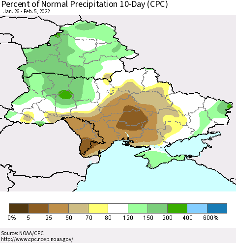 Ukraine, Moldova and Belarus Percent of Normal Precipitation 10-Day (CPC) Thematic Map For 1/26/2022 - 2/5/2022