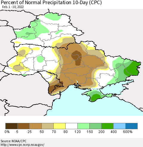 Ukraine, Moldova and Belarus Percent of Normal Precipitation 10-Day (CPC) Thematic Map For 2/1/2022 - 2/10/2022