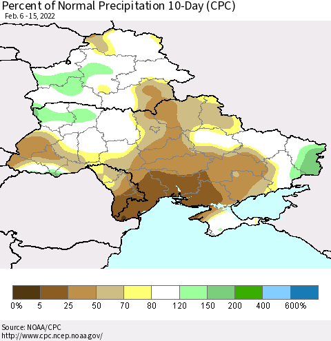 Ukraine, Moldova and Belarus Percent of Normal Precipitation 10-Day (CPC) Thematic Map For 2/6/2022 - 2/15/2022