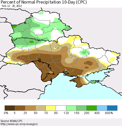 Ukraine, Moldova and Belarus Percent of Normal Precipitation 10-Day (CPC) Thematic Map For 2/11/2022 - 2/20/2022