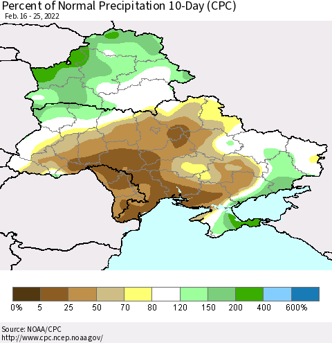 Ukraine, Moldova and Belarus Percent of Normal Precipitation 10-Day (CPC) Thematic Map For 2/16/2022 - 2/25/2022
