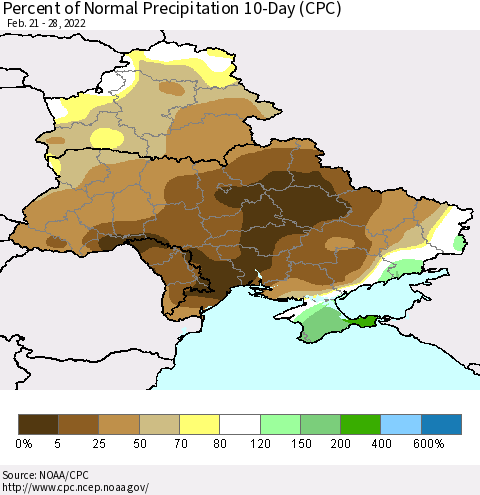 Ukraine, Moldova and Belarus Percent of Normal Precipitation 10-Day (CPC) Thematic Map For 2/21/2022 - 2/28/2022