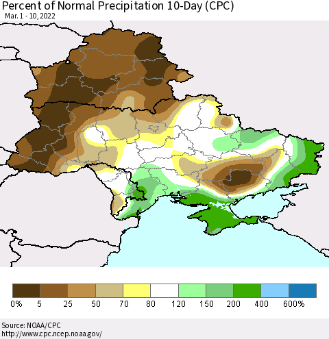 Ukraine, Moldova and Belarus Percent of Normal Precipitation 10-Day (CPC) Thematic Map For 3/1/2022 - 3/10/2022