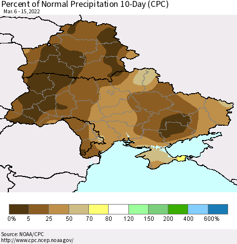 Ukraine, Moldova and Belarus Percent of Normal Precipitation 10-Day (CPC) Thematic Map For 3/6/2022 - 3/15/2022