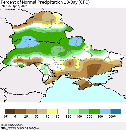 Ukraine, Moldova and Belarus Percent of Normal Precipitation 10-Day (CPC) Thematic Map For 3/26/2022 - 4/5/2022