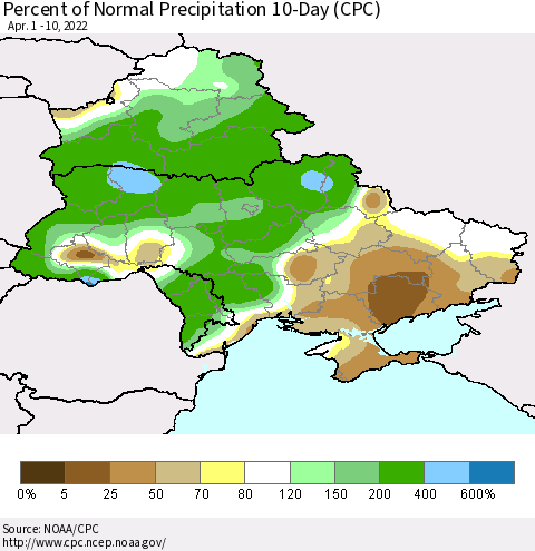 Ukraine, Moldova and Belarus Percent of Normal Precipitation 10-Day (CPC) Thematic Map For 4/1/2022 - 4/10/2022