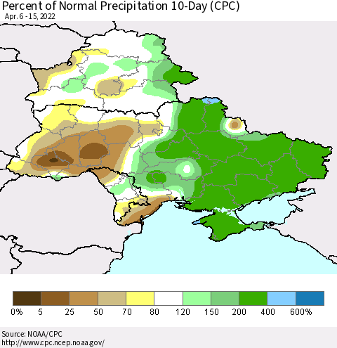 Ukraine, Moldova and Belarus Percent of Normal Precipitation 10-Day (CPC) Thematic Map For 4/6/2022 - 4/15/2022