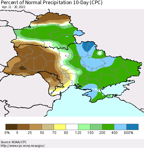 Ukraine, Moldova and Belarus Percent of Normal Precipitation 10-Day (CPC) Thematic Map For 4/11/2022 - 4/20/2022