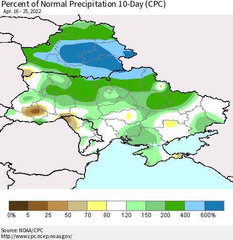 Ukraine, Moldova and Belarus Percent of Normal Precipitation 10-Day (CPC) Thematic Map For 4/16/2022 - 4/25/2022