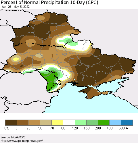 Ukraine, Moldova and Belarus Percent of Normal Precipitation 10-Day (CPC) Thematic Map For 4/26/2022 - 5/5/2022