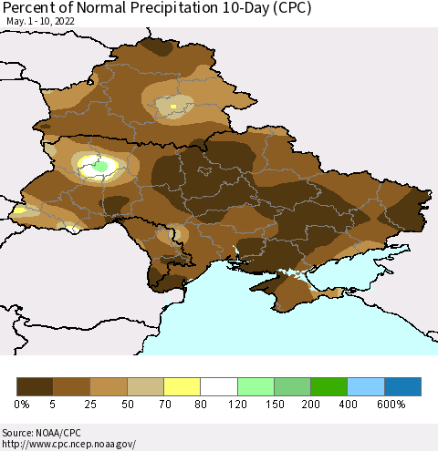 Ukraine, Moldova and Belarus Percent of Normal Precipitation 10-Day (CPC) Thematic Map For 5/1/2022 - 5/10/2022