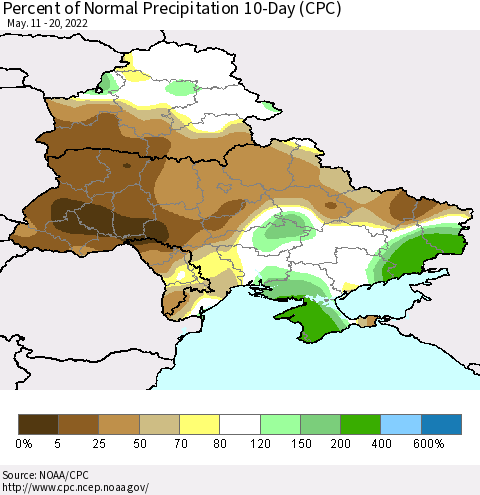 Ukraine, Moldova and Belarus Percent of Normal Precipitation 10-Day (CPC) Thematic Map For 5/11/2022 - 5/20/2022