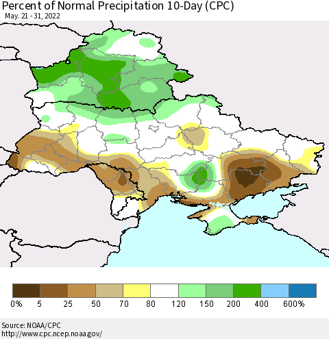 Ukraine, Moldova and Belarus Percent of Normal Precipitation 10-Day (CPC) Thematic Map For 5/21/2022 - 5/31/2022
