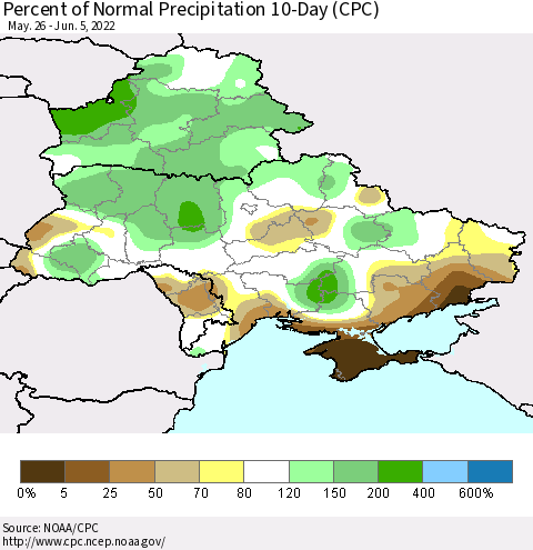 Ukraine, Moldova and Belarus Percent of Normal Precipitation 10-Day (CPC) Thematic Map For 5/26/2022 - 6/5/2022