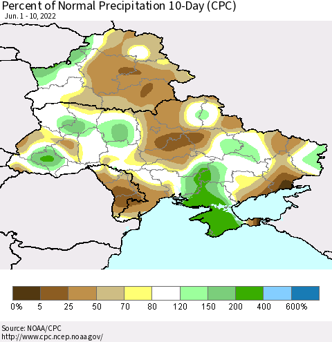 Ukraine, Moldova and Belarus Percent of Normal Precipitation 10-Day (CPC) Thematic Map For 6/1/2022 - 6/10/2022