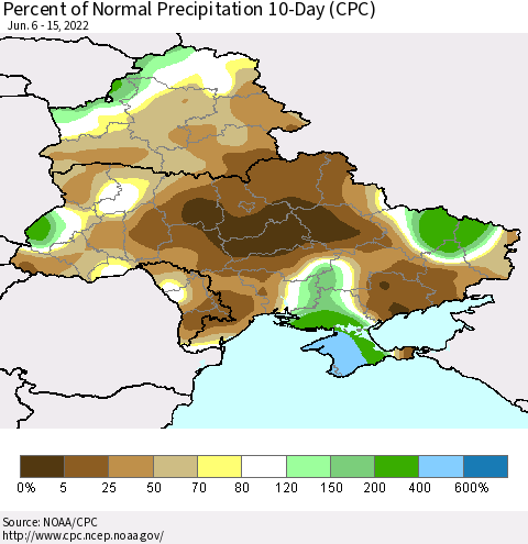 Ukraine, Moldova and Belarus Percent of Normal Precipitation 10-Day (CPC) Thematic Map For 6/6/2022 - 6/15/2022