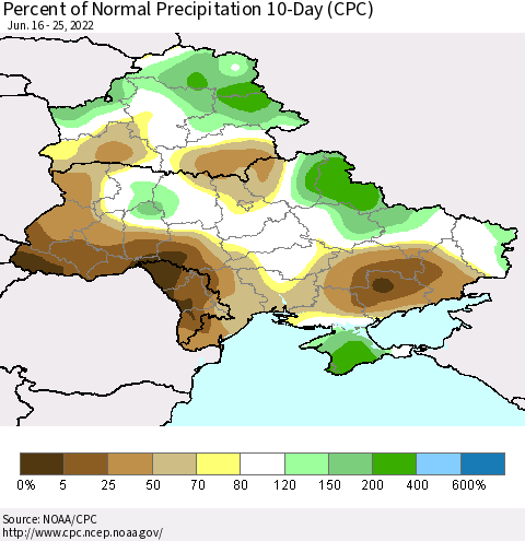 Ukraine, Moldova and Belarus Percent of Normal Precipitation 10-Day (CPC) Thematic Map For 6/16/2022 - 6/25/2022