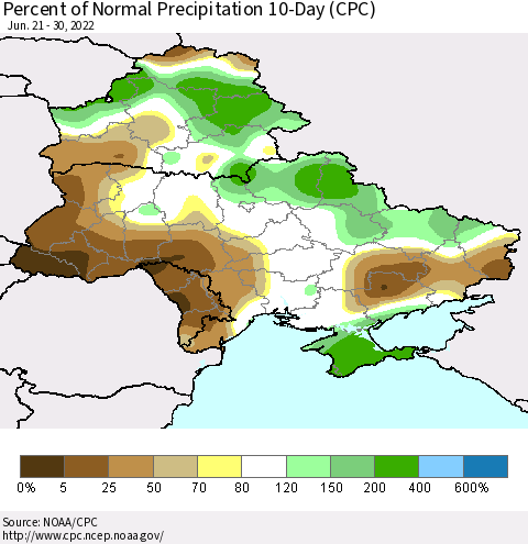 Ukraine, Moldova and Belarus Percent of Normal Precipitation 10-Day (CPC) Thematic Map For 6/21/2022 - 6/30/2022
