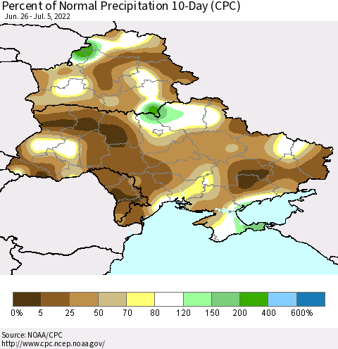 Ukraine, Moldova and Belarus Percent of Normal Precipitation 10-Day (CPC) Thematic Map For 6/26/2022 - 7/5/2022