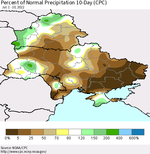 Ukraine, Moldova and Belarus Percent of Normal Precipitation 10-Day (CPC) Thematic Map For 7/1/2022 - 7/10/2022