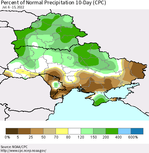 Ukraine, Moldova and Belarus Percent of Normal Precipitation 10-Day (CPC) Thematic Map For 7/6/2022 - 7/15/2022