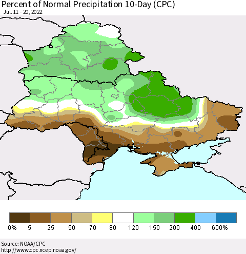 Ukraine, Moldova and Belarus Percent of Normal Precipitation 10-Day (CPC) Thematic Map For 7/11/2022 - 7/20/2022