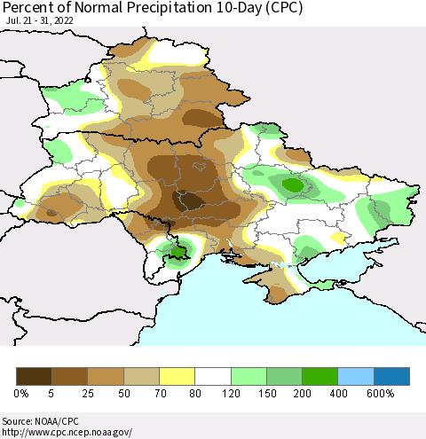 Ukraine, Moldova and Belarus Percent of Normal Precipitation 10-Day (CPC) Thematic Map For 7/21/2022 - 7/31/2022