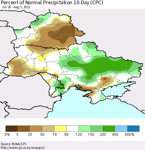 Ukraine, Moldova and Belarus Percent of Normal Precipitation 10-Day (CPC) Thematic Map For 7/26/2022 - 8/5/2022