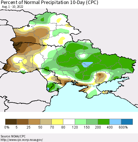Ukraine, Moldova and Belarus Percent of Normal Precipitation 10-Day (CPC) Thematic Map For 8/1/2022 - 8/10/2022