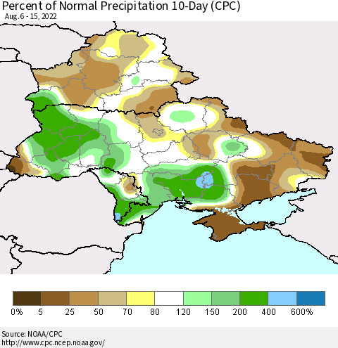 Ukraine, Moldova and Belarus Percent of Normal Precipitation 10-Day (CPC) Thematic Map For 8/6/2022 - 8/15/2022