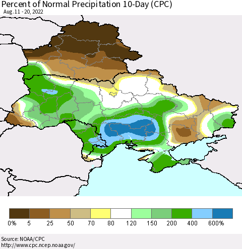 Ukraine, Moldova and Belarus Percent of Normal Precipitation 10-Day (CPC) Thematic Map For 8/11/2022 - 8/20/2022