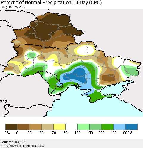 Ukraine, Moldova and Belarus Percent of Normal Precipitation 10-Day (CPC) Thematic Map For 8/16/2022 - 8/25/2022