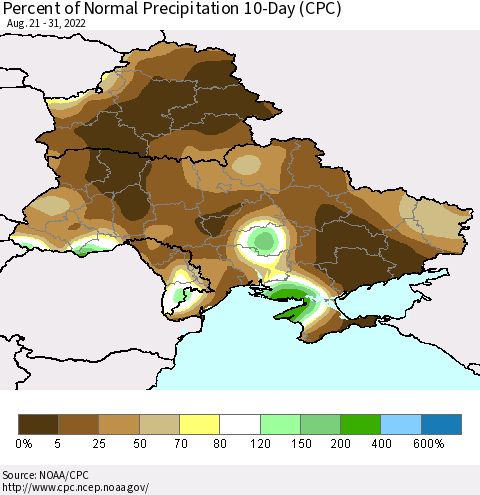 Ukraine, Moldova and Belarus Percent of Normal Precipitation 10-Day (CPC) Thematic Map For 8/21/2022 - 8/31/2022